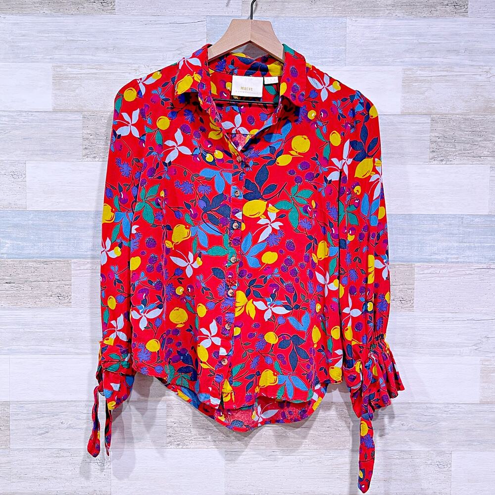 Anthropologie MAEVE Blithe Button Down Shirt Red Fruit Floral Challis Womens 4